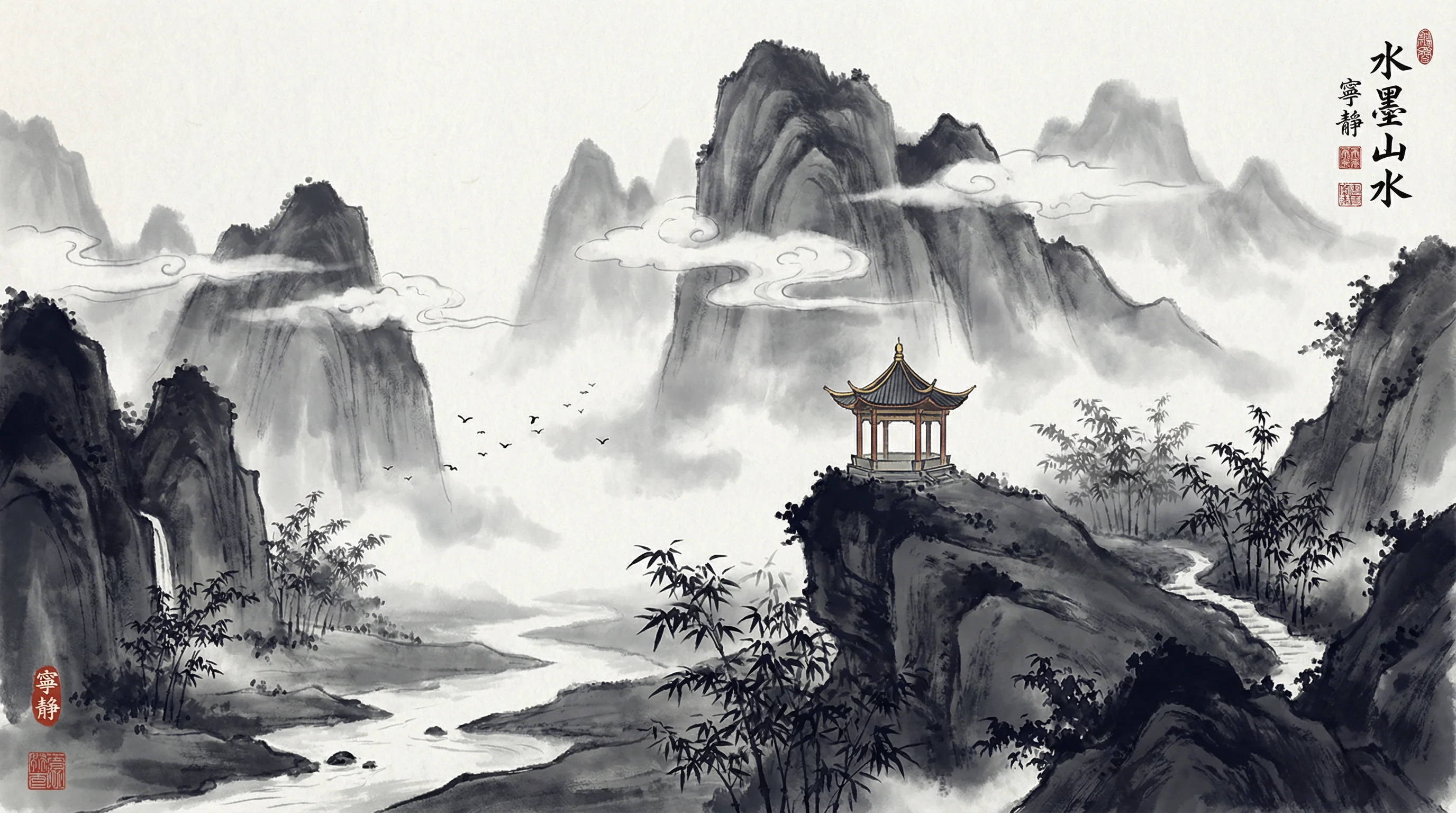 飞艇计划水墨山水游戏背景画卷