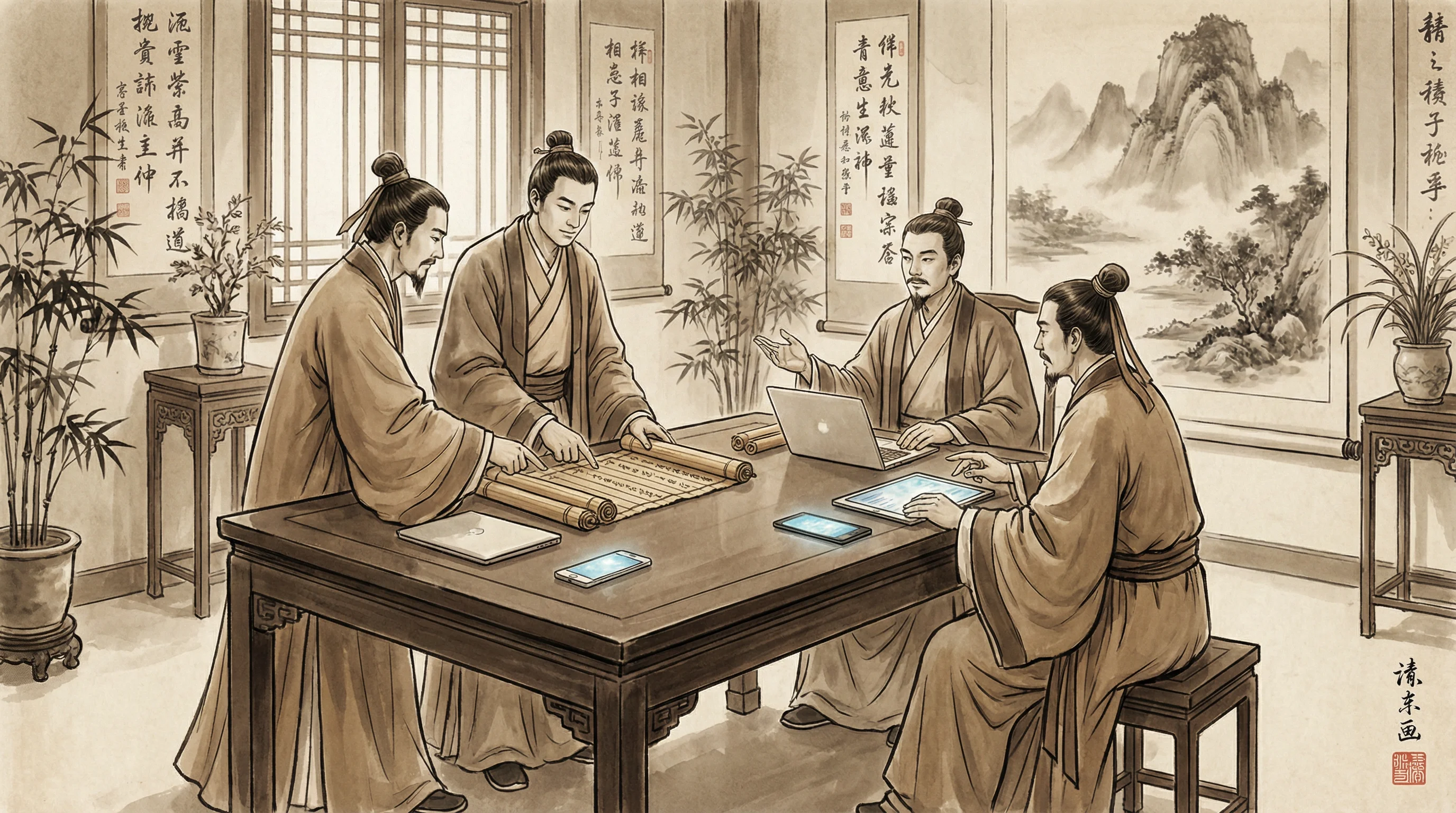 飞艇计划专业团队水墨风格工作场景